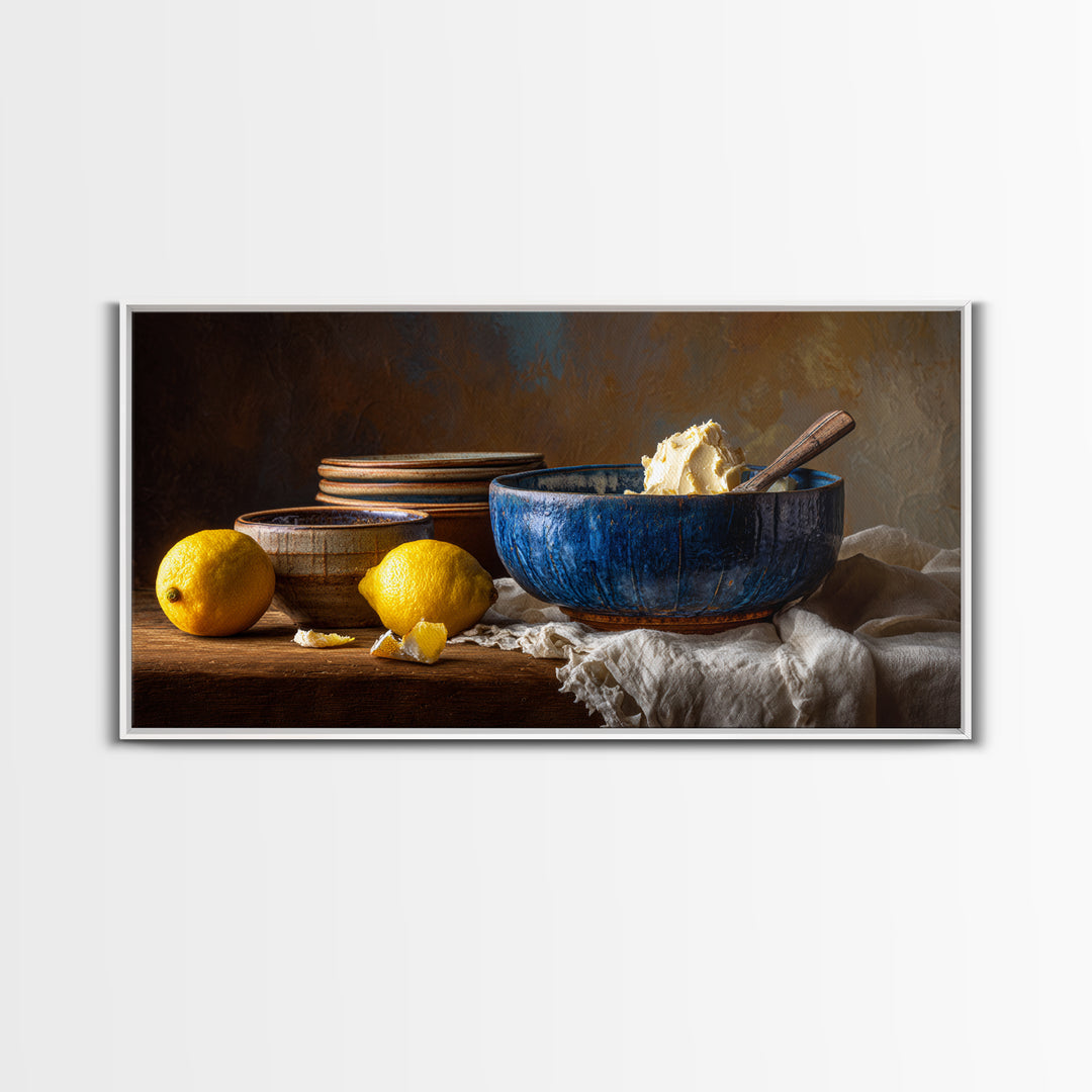 Lemons and Blue Ceramic Bowl Still Life Canvas Print, Kitchen Art, Boho Decor, Kitchen Decor, Fine Art, Kitchen, Wall Decor, KIT-2x1-22
