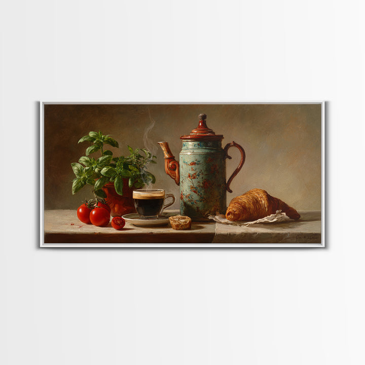 Coffee Pot and Croissant Morning Still Life Framed Canvas Print, Kitchen Art, Fine Art Print, Kitchen Decor, Oil Painting, KIT-2x1-27