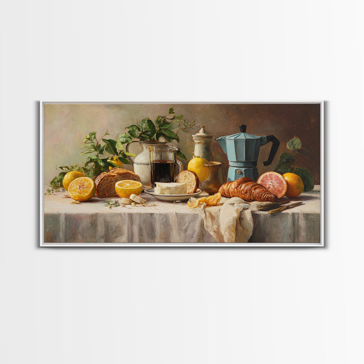 Coffee Pot and Croissant Morning Still Life Framed Canvas Print, Kitchen Art, Art Deco, Kitchen Decor, Fine Art, Kitchen, KIT-2x1-3