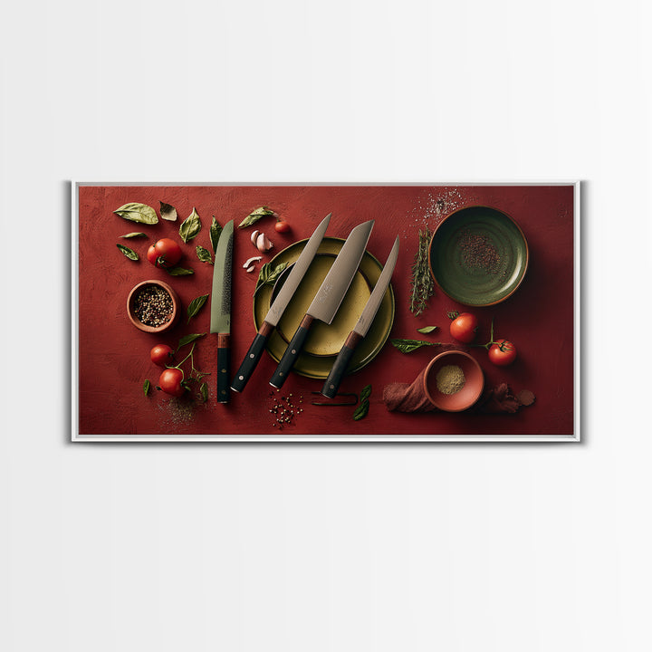 Chef Knives and Herbs Arranged as Graphic Framed Canvas Print, Kitchen Art, Luxury Decor, Kitchen Decor, Fine Art, Kitchen, KIT-2x1-30