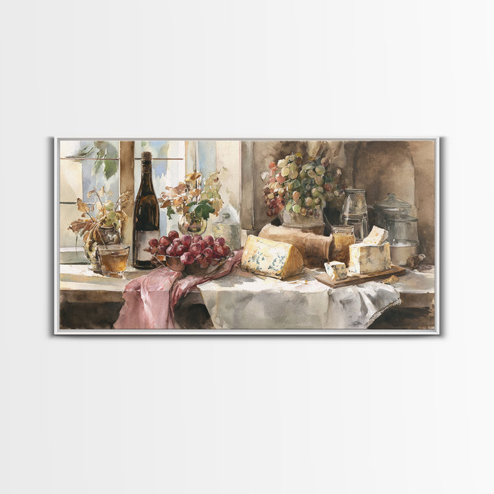 Wine Bottle Grapes and Cheese Still Life Canvas Print, Kitchen Art, Contemporary Art, Kitchen Decor, Oil Painting, Kitchen, KIT-2x1-32