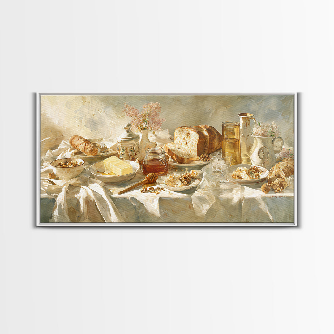Fresh Bread with Butter and Honey Framed Canvas Print, Kitchen Art, Fine Art Print, Kitchen Decor, Watercolor Art, Kitchen, KIT-2x1-38