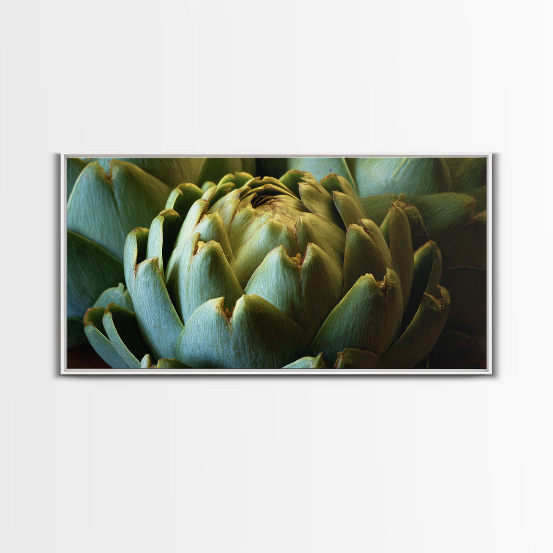 Artichoke Closeup in Painterly Green Tones Framed Canvas Print, Kitchen Art, Home Decor, Kitchen Decor, Fine Art, Kitchen, KIT-2x1-40