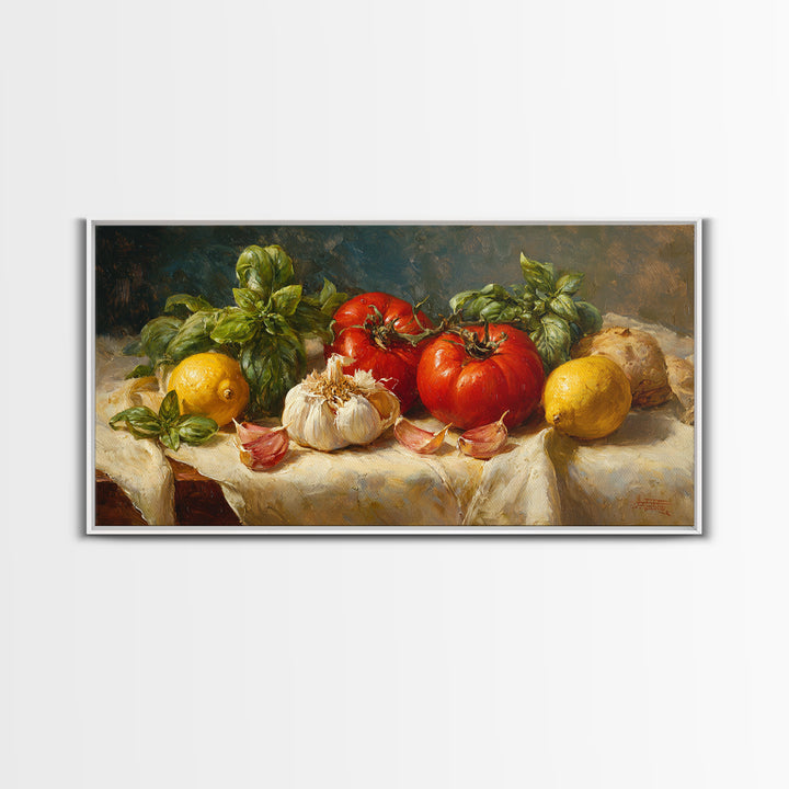 Tomatoes Garlic and Basil on Linen Canvas Print, Kitchen Art, Kitchen Decor, Abstract Art, Kitchen, Trendy Wall Art, KIT-2x1-47