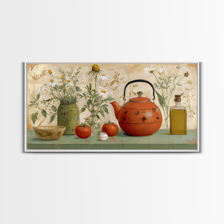 Tea Kettle with Steam and Wildflowers Canvas Print, Kitchen Art, Wall Art, Kitchen Decor, Watercolor Art, Kitchen, KIT-2x1-58