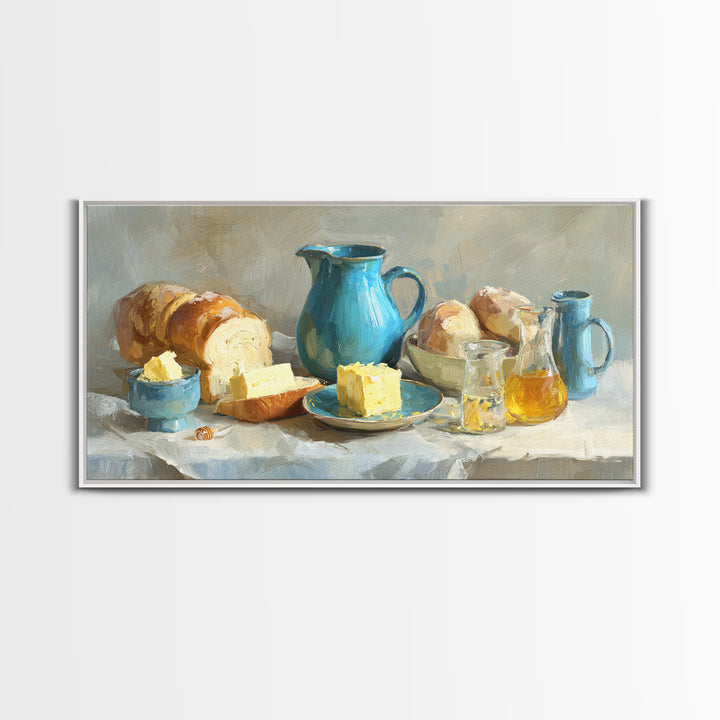 Fresh Bread with Butter and Honey Canvas Print, Kitchen Art, Room Decor, Kitchen Decor, Oil Painting, Kitchen, Digital Art, KIT-2x1-62