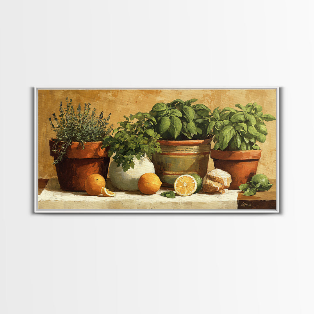 Fresh Herbs in Terracotta Pots Canvas Print, Kitchen Art, Kitchen Decor, Kitchen, Trendy Wall Art, Dining Room Wall Art, KIT-2x1-69