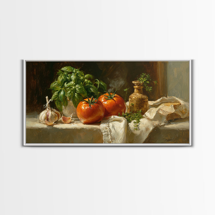 Tomatoes Garlic and Basil on Linen Canvas Print, Kitchen Art, Poster Art, Kitchen Decor, Fine Art, Kitchen, Boho Decor, KIT-2x1-71