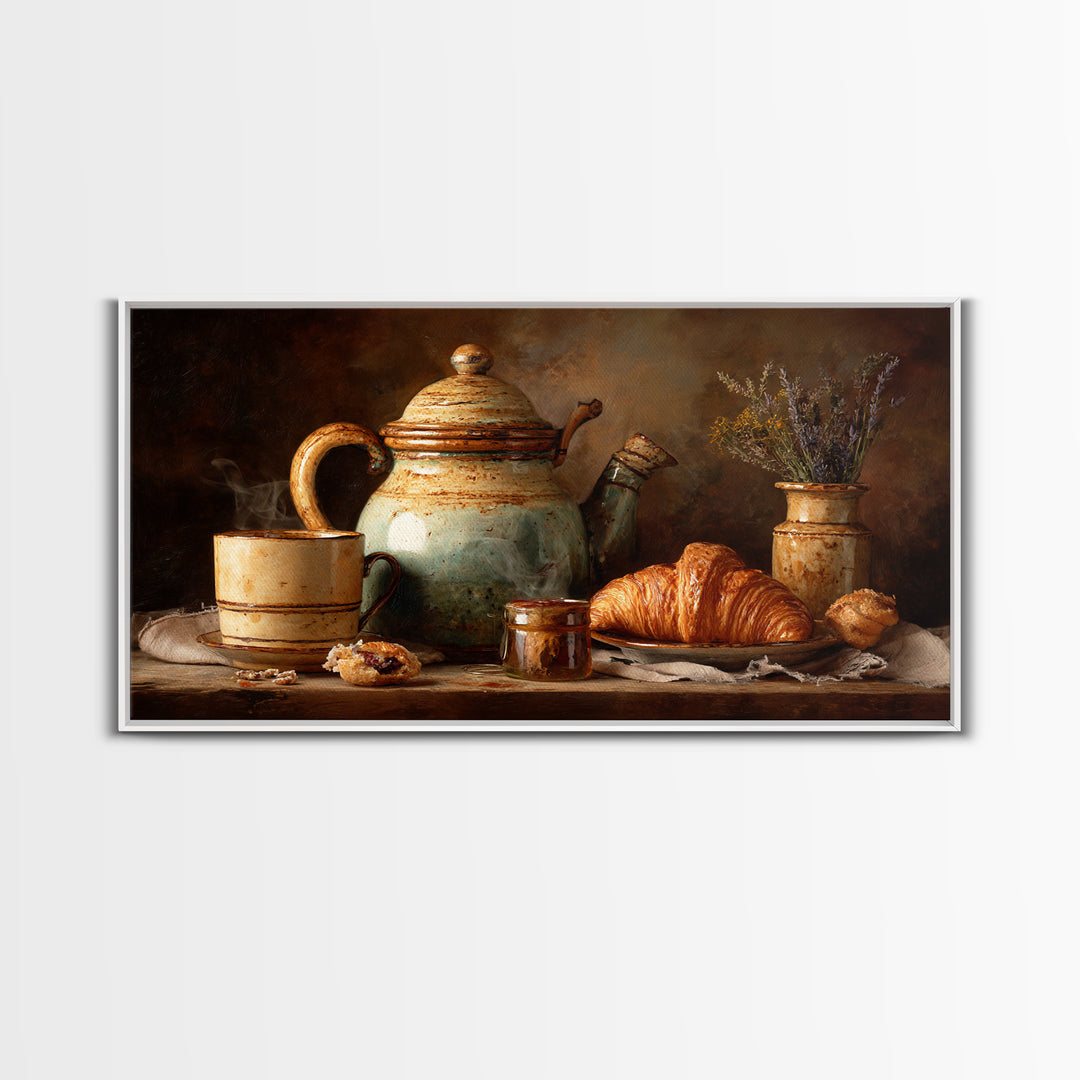 Coffee Pot and Croissant Morning Still Life Framed Canvas Print, Kitchen Art, Boho Decor, Kitchen Decor, Fine Art, Kitchen, KIT-2x1-75