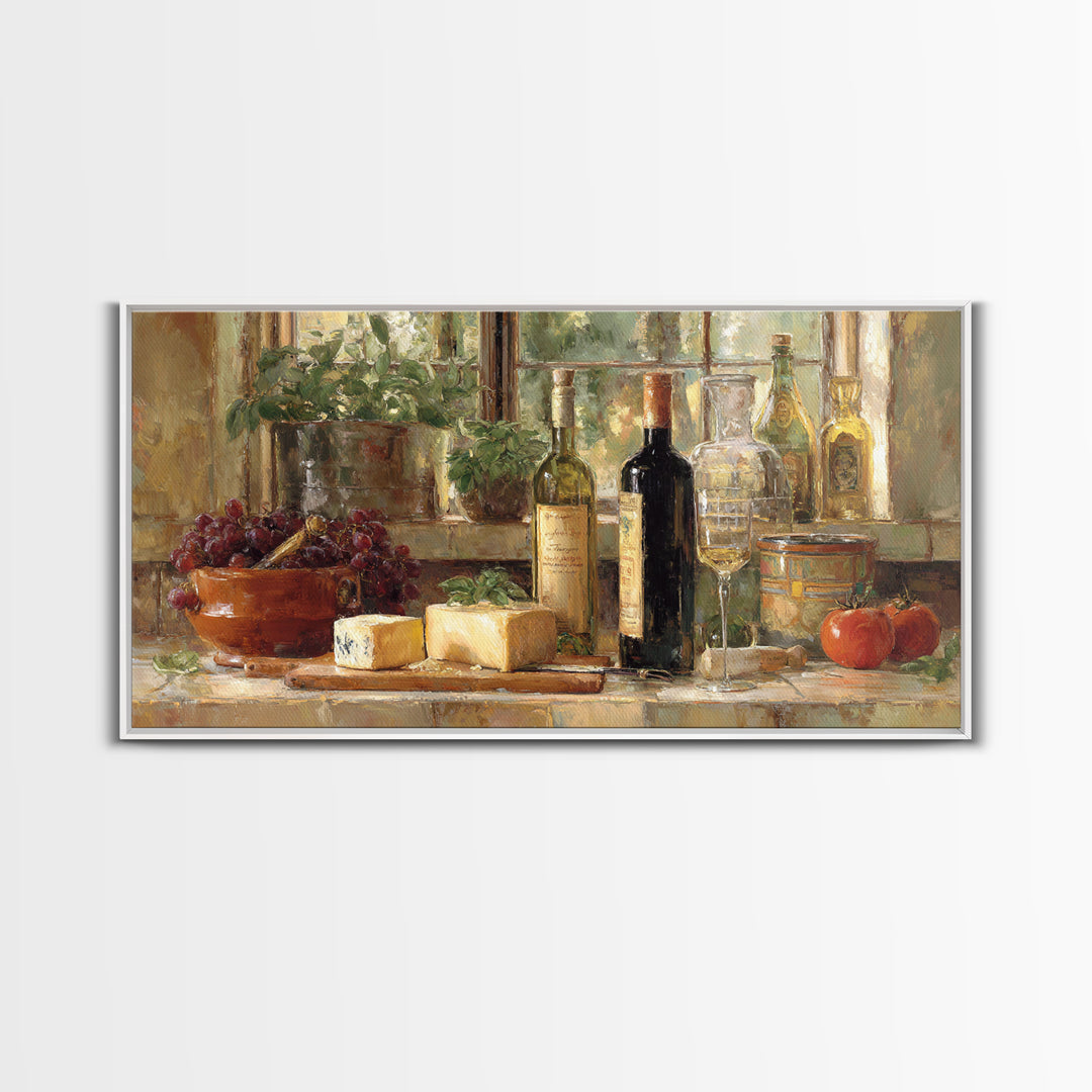 Wine Bottle Grapes and Cheese Still Life Framed Canvas Print, Kitchen Art, Kitchen Decor, Fine Art, Kitchen, Kitchen Art Print, KIT-2x1-80