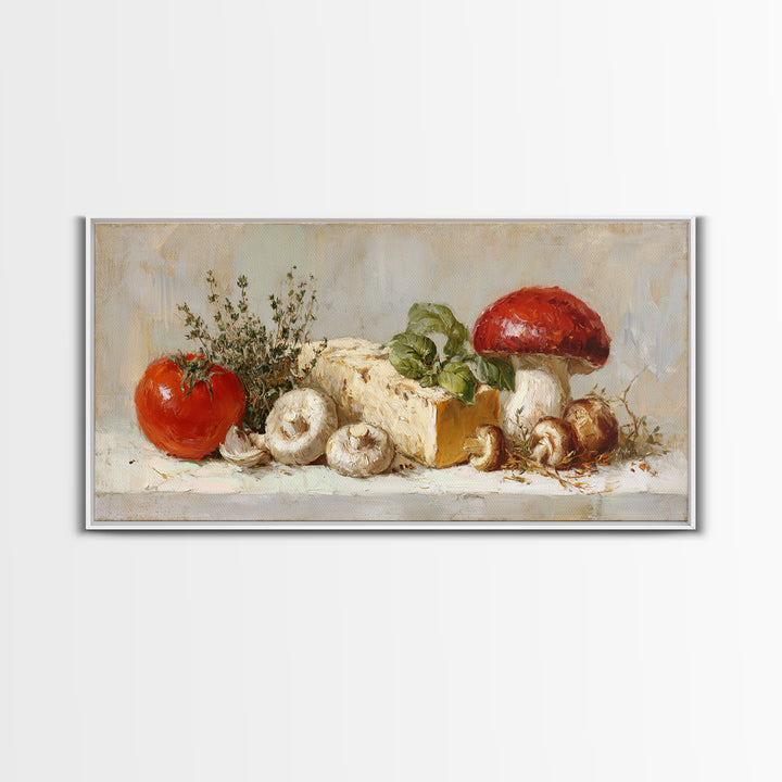 Mushrooms and Thyme Botanical Study Framed Canvas Print, Kitchen Art, Contemporary Art, Kitchen Decor, Oil Painting, Kitchen, KIT-2x1-83
