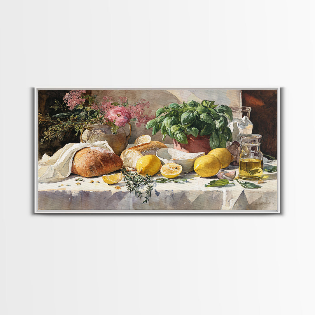 Pasta Lemons and Basil Mediterranean Still Life Framed Canvas Print, Kitchen Art, Digital Wall Art, Kitchen Decor, Kitchen, KIT-2x1-85