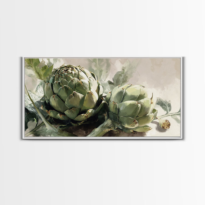 Artichoke Closeup in Painterly Green Tones Framed Canvas Print, Kitchen Art, Kitchen Wall Art, Kitchen Decor, Fine Art, Kitchen, KIT-2x1-88