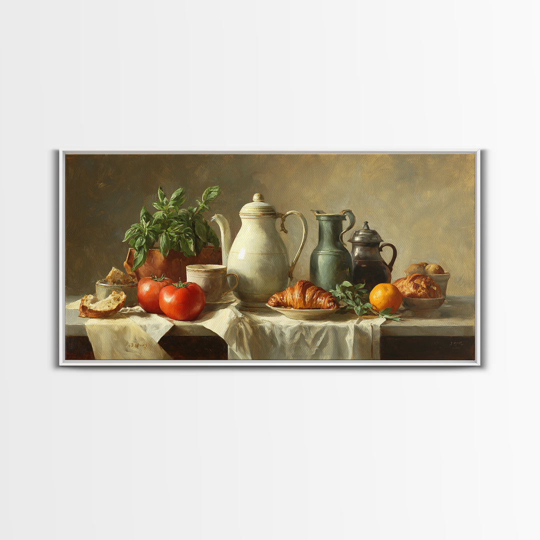 Coffee Pot and Croissant Morning Still Life Framed Canvas Print, Kitchen Art, Printable Art, Kitchen Decor, Fine Art, Kitchen, KIT-2x1-99