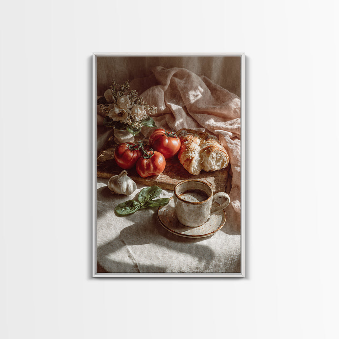 Tomatoes Garlic and Basil on Linen Canvas Print, Kitchen Art, Bar Cart Decor, Kitchen Decor, Kitchen, Minimalist Decor, KIT-2x3-11