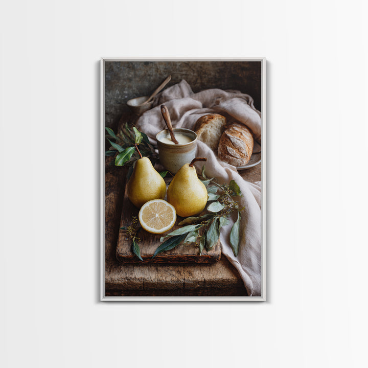 Farmhouse Pears on a Wooden Board Framed Canvas Print, Kitchen Art, Wall Decor, Kitchen Decor, Abstract Art, Kitchen, KIT-2x3-17