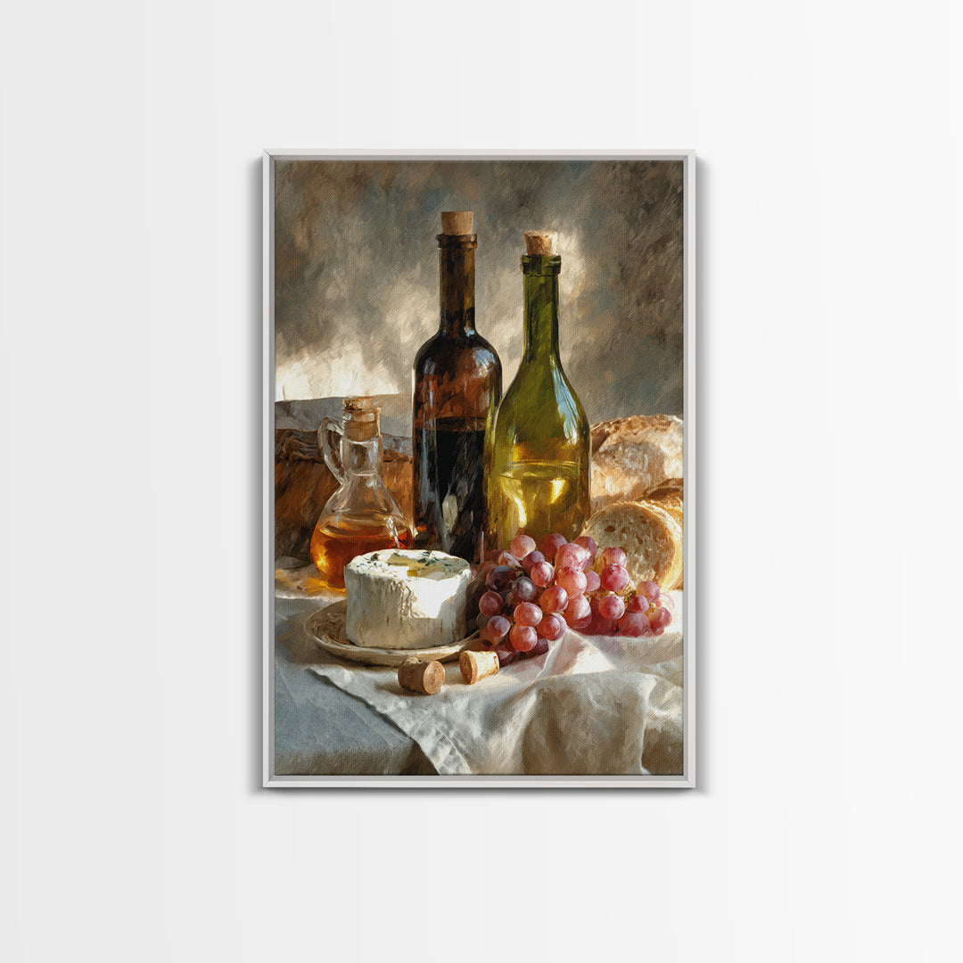 Wine Bottle Grapes and Cheese Still Life Framed Canvas Print, Kitchen Art, Print, Kitchen Decor, Oil Painting, Kitchen, KIT-2x3-20