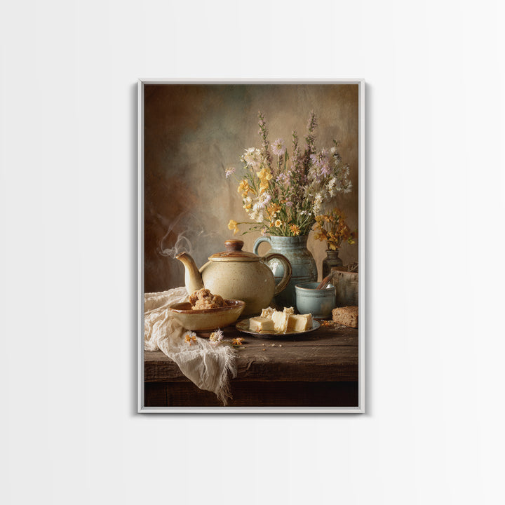 Tea Kettle with Steam and Wildflowers Framed Canvas Print, Kitchen Art, Textured Painting, Kitchen Decor, Fine Art, Kitchen, KIT-2x3-22