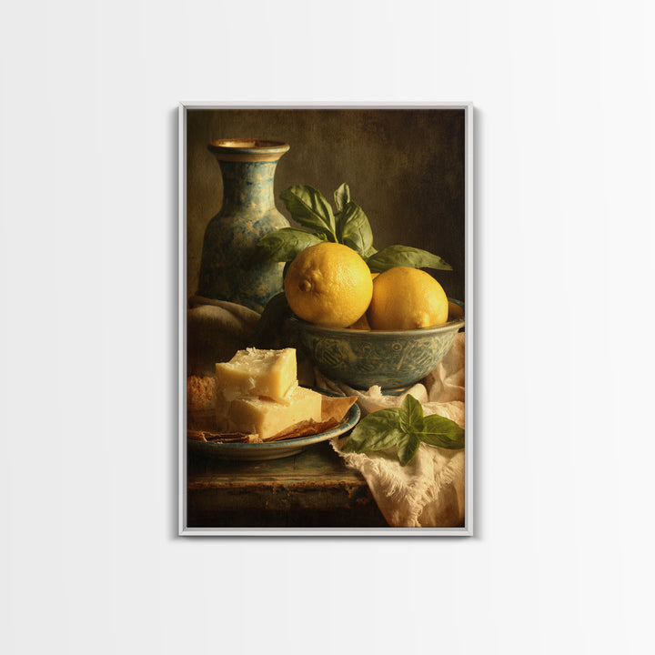Pasta Lemons and Basil Mediterranean Still Life Framed Canvas Print, Kitchen Art, Wall Art, Kitchen Decor, Fine Art, Kitchen, KIT-2x3-25