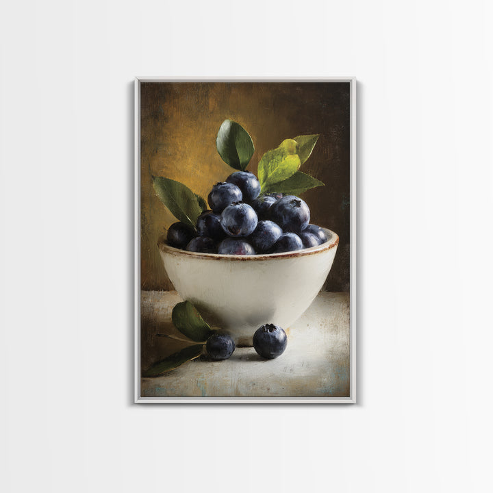 Blueberries in a White Bowl Framed Canvas Print, Kitchen Art, Coffee Print, Kitchen Decor, Fine Art, Kitchen, Textured Painting, KIT-2x3-3