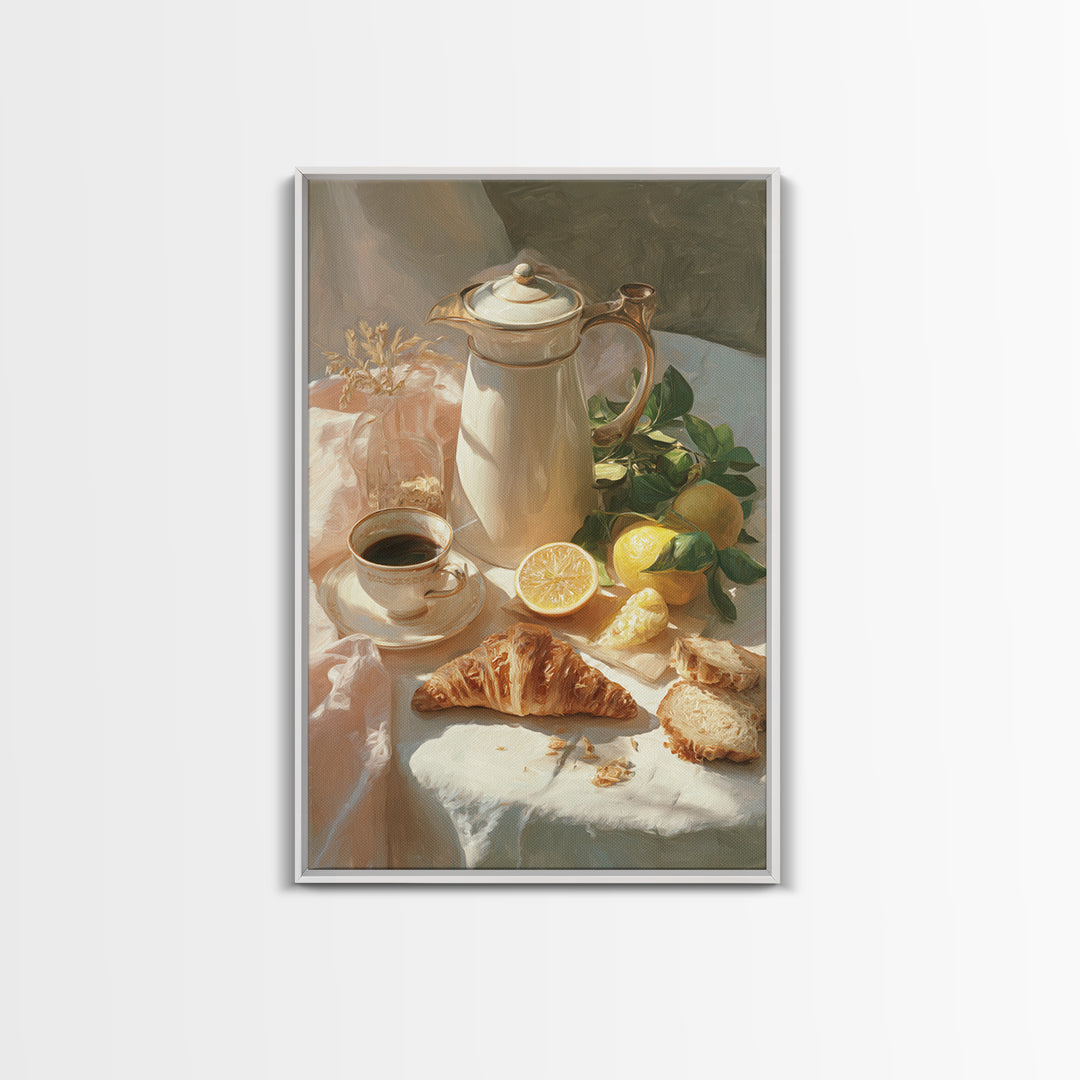 Coffee Pot and Croissant Morning Still Life Canvas Print, Kitchen Art, Minimalist Decor, Kitchen Decor, Fine Art, Kitchen, KIT-2x3-39
