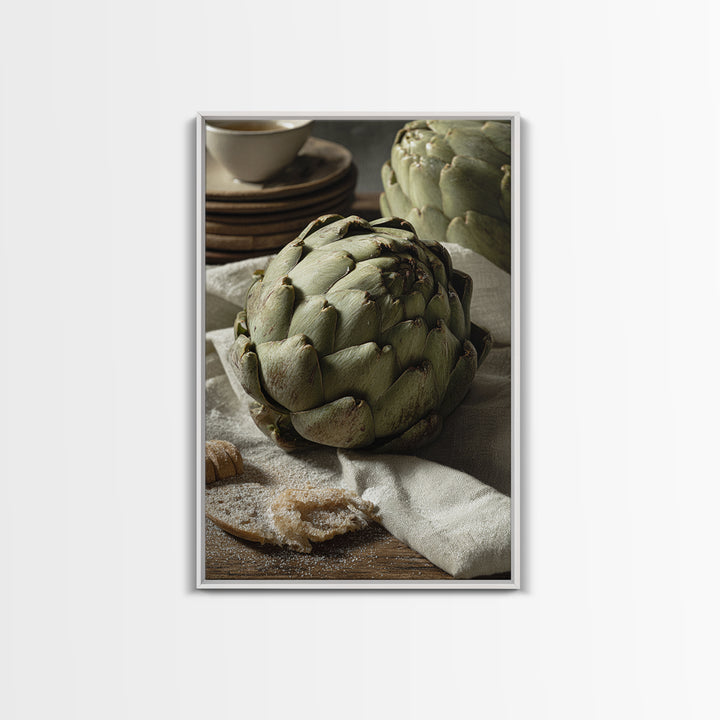 Artichoke Closeup in Painterly Green Tones Framed Canvas Print, Kitchen Art, Statement Artwork, Kitchen Decor, Kitchen, KIT-2x3-4