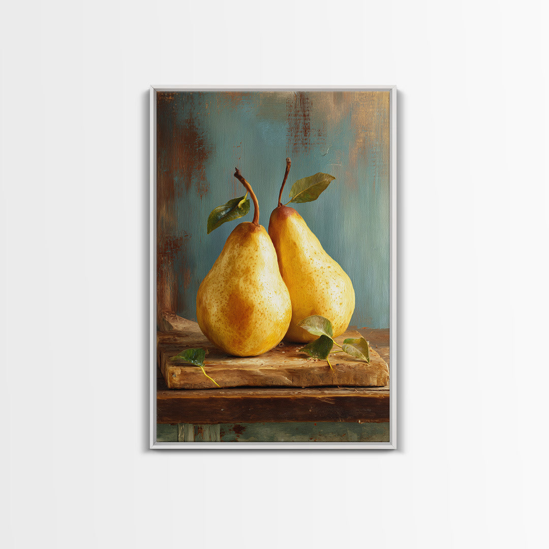 Farmhouse Pears on a Wooden Board Framed Canvas Print, Kitchen Art, Wall Decor, Kitchen Decor, Abstract Art, Kitchen, KIT-2x3-41