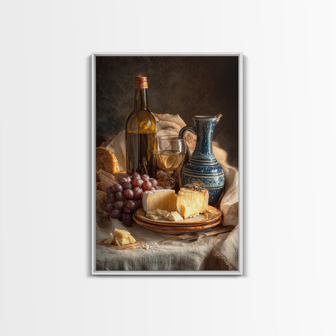 Wine Bottle Grapes and Cheese Still Life Framed Canvas Print, Kitchen Art, Kitchen Art Print, Kitchen Decor, Watercolor Art, KIT-2x3-44