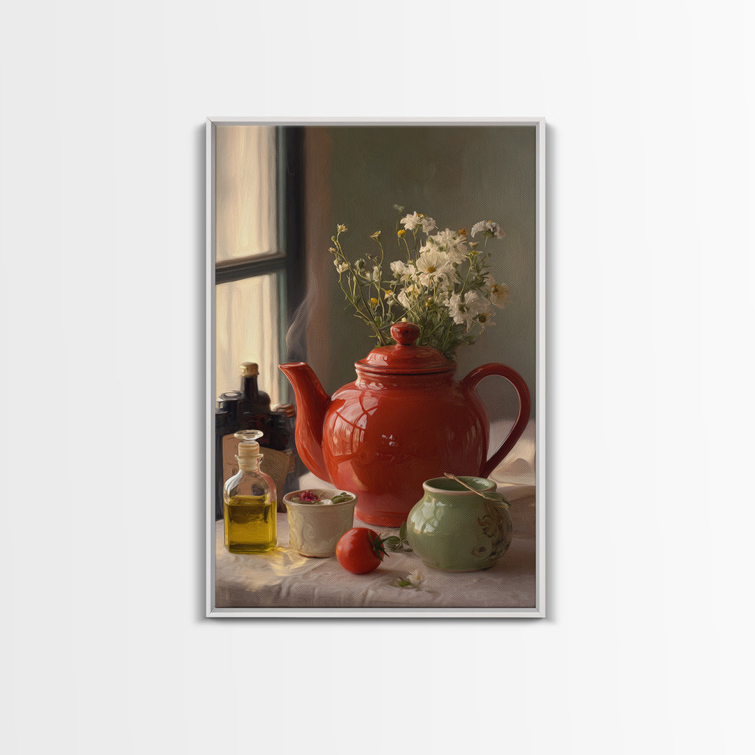 Tea Kettle with Steam and Wildflowers Framed Canvas Print, Kitchen Art, Textured Painting, Kitchen Decor, Fine Art, Kitchen, KIT-2x3-46