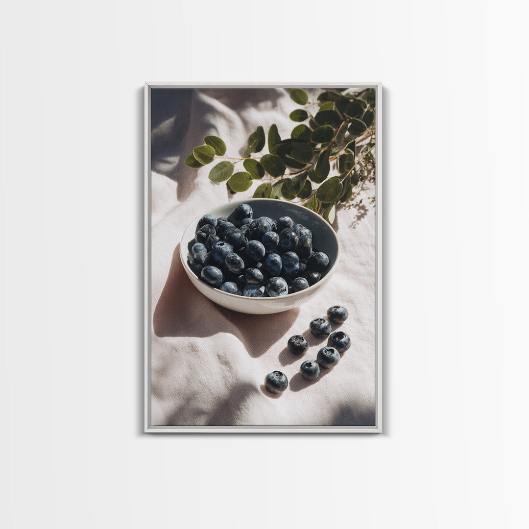 Blueberries in a White Bowl Framed Canvas Print, Kitchen Art, Room Decor, Kitchen Decor, Oil Painting, Kitchen, Digital Art, KIT-2x3-51