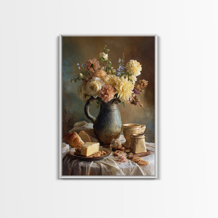 Floral Bouquet in a Kitchen Pitcher Framed Canvas Print, Kitchen Art, Neutral Decor, Kitchen Decor, Fine Art, Kitchen, KIT-2x3-56