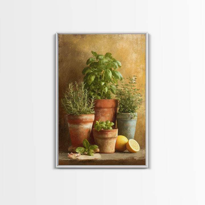 Fresh Herbs in Terracotta Pots Canvas Print, Kitchen Art, Digital Print, Kitchen Decor, Oil Painting, Kitchen, Kitchen Print, KIT-2x3-57