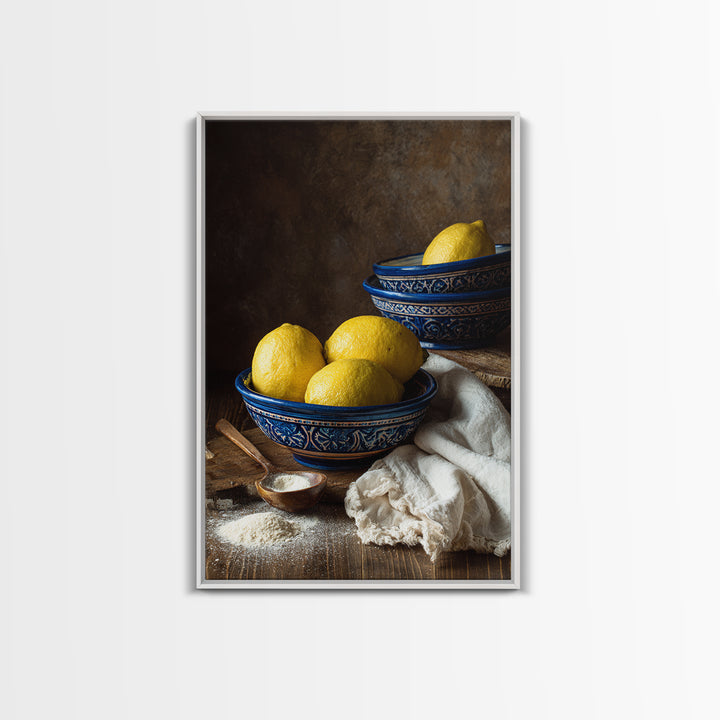 Lemons and Blue Ceramic Bowl Still Life Canvas Print, Kitchen Art, Prints, Kitchen Decor, Fine Art, Kitchen, Kitchen Wall Decor, KIT-2x3-58