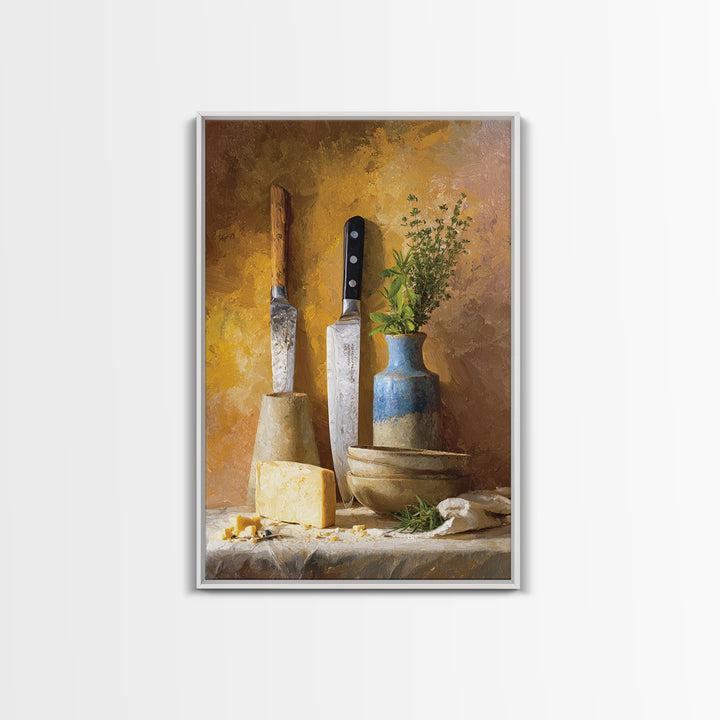 Chef Knives and Herbs Arranged as Graphic Canvas Print, Kitchen Art, Home Decor, Kitchen Decor, Oil Painting, Kitchen, KIT-2x3-66
