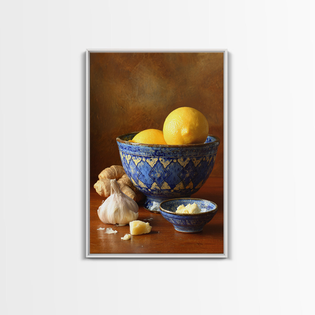 Lemons and Blue Ceramic Bowl Still Life Canvas Print, Kitchen Art, Prints, Kitchen Decor, Fine Art, Kitchen, Kitchen Wall Decor, KIT-2x3-82