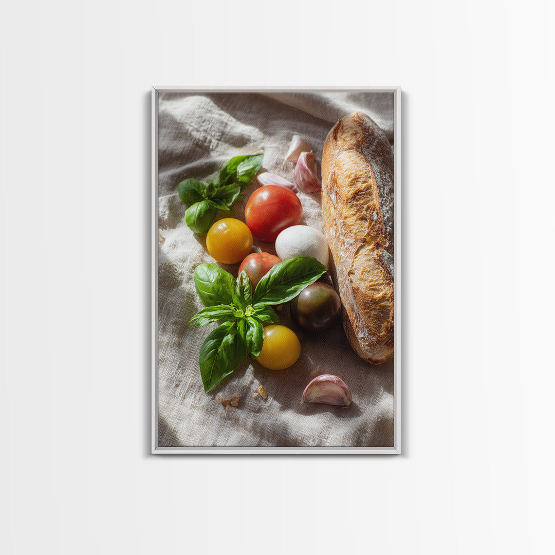 Tomatoes Garlic and Basil on Linen Framed Canvas Print, Kitchen Art, Printable Art, Kitchen Decor, Fine Art, Kitchen, KIT-2x3-83