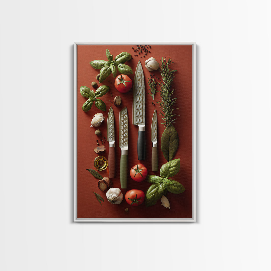 Chef Knives and Herbs Arranged as Graphic Framed Canvas Print, Kitchen Art, Art Prints, Kitchen Decor, Fine Art, Kitchen, KIT-2x3-90