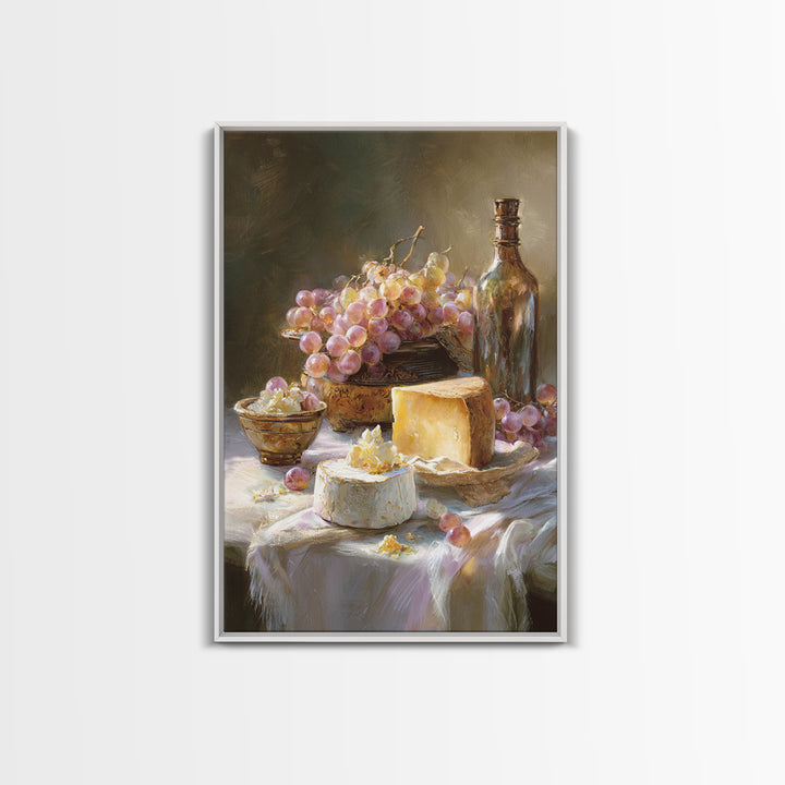 Wine Bottle Grapes and Cheese Still Life Framed Canvas Print, Kitchen Art, Gallery Decor, Kitchen Decor, Abstract Art, Kitchen, KIT-2x3-92