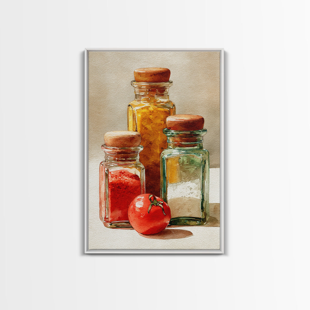 Watercolor Spice Jars Without Readable Labels Framed Canvas Print, Kitchen Art, Art Deco, Kitchen Decor, Fine Art, Kitchen, KIT-2x3-93