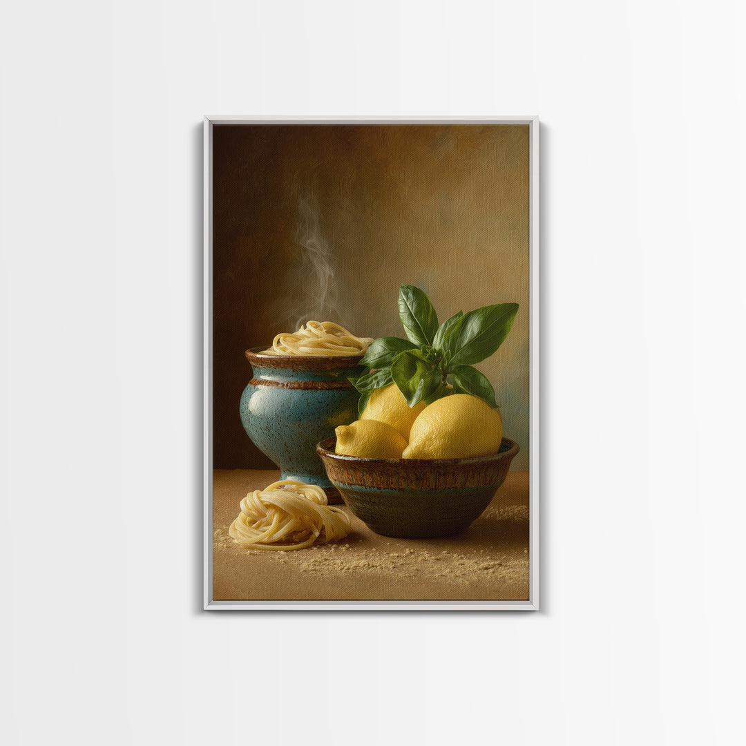 Pasta Lemons and Basil Mediterranean Still Life Framed Canvas Print, Kitchen Art, Kitchen Decor, Kitchen, Trendy Wall Art, KIT-2x3-97