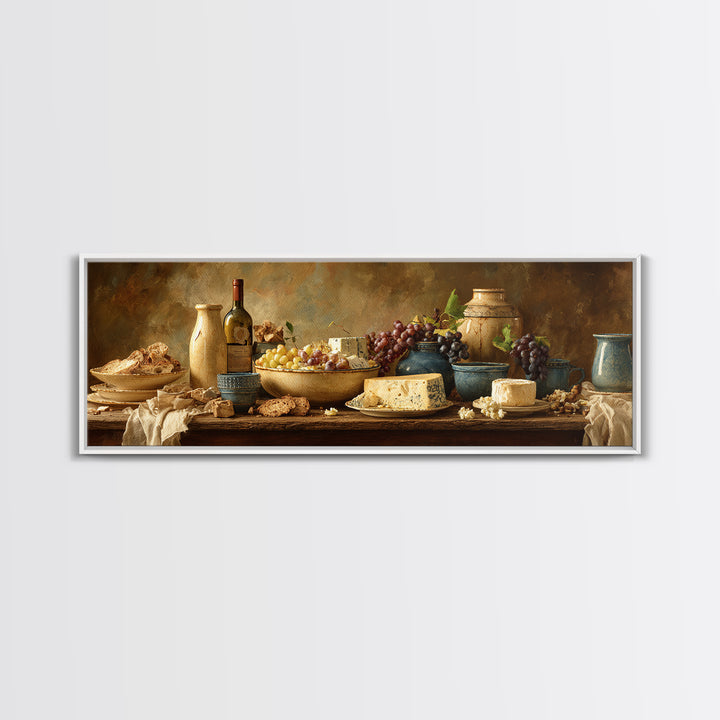 Wine Bottle Grapes and Cheese Still Life Canvas Print, Kitchen Art, Modern Decor, Kitchen Decor, Abstract Art, Kitchen, KIT-3x1-100