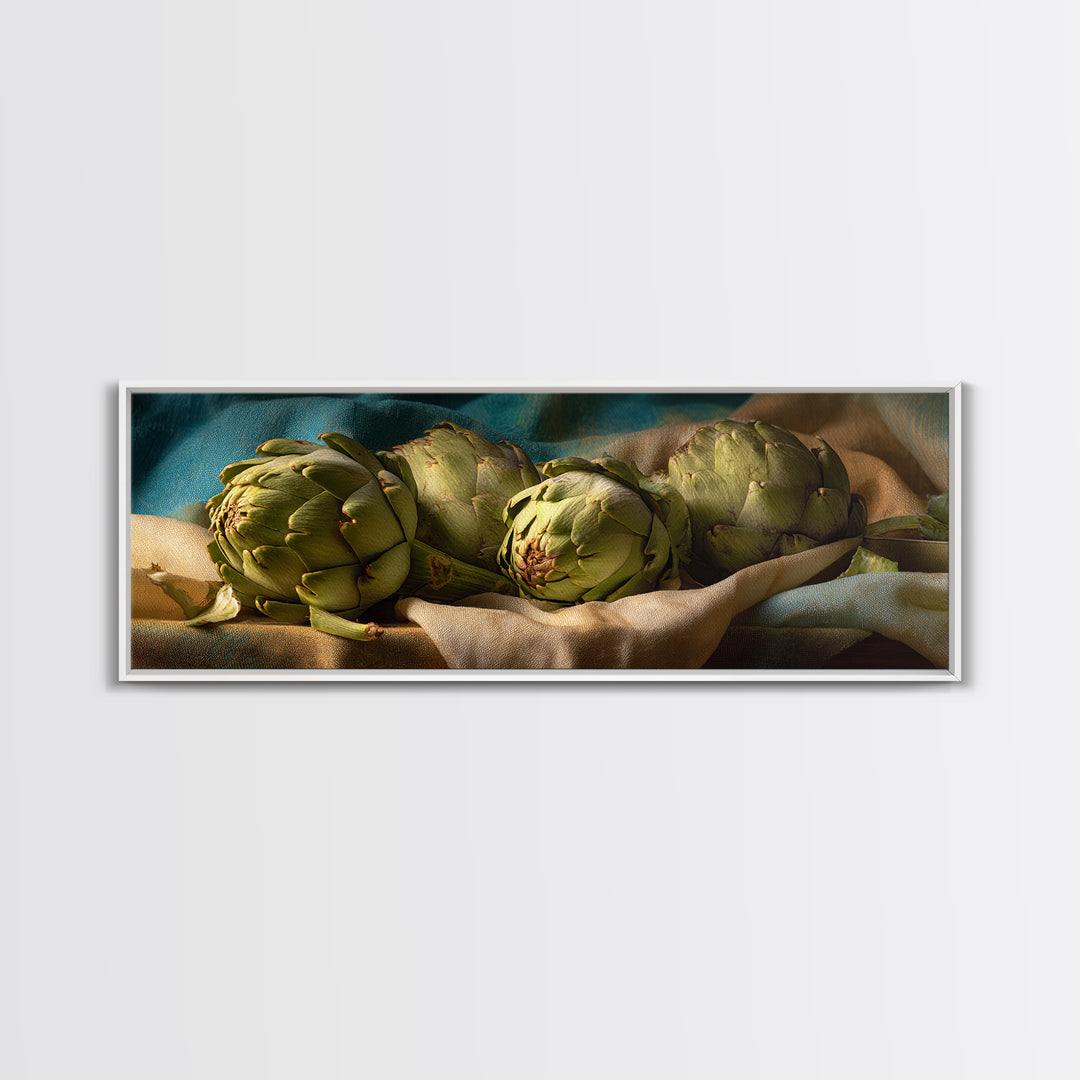 Artichoke Closeup in Painterly Green Tones Framed Canvas Print, Kitchen Art, Trendy Wall Art, Kitchen Decor, Fine Art, Kitchen, KIT-3x1-12