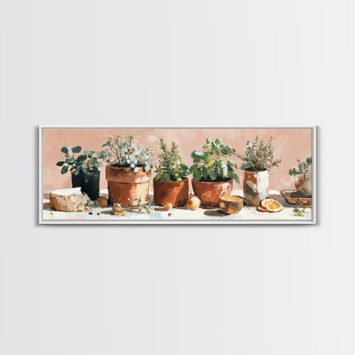 Fresh Herbs in Terracotta Pots Framed Canvas Print, Kitchen Art, Kitchen Wall Decor, Kitchen Decor, Fine Art, Kitchen, KIT-3x1-17