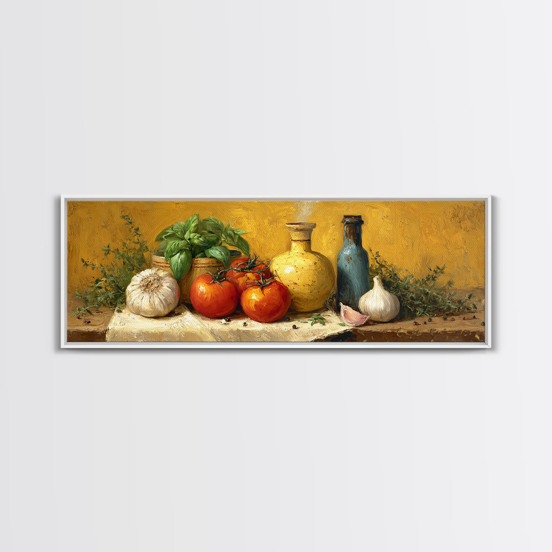 Tomatoes Garlic and Basil on Linen Canvas Print, Kitchen Art, Statement Artwork, Kitchen Decor, Abstract Art, Kitchen, KIT-3x1-19
