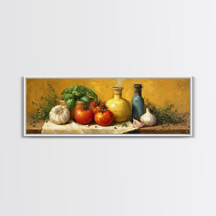 Tomatoes Garlic and Basil on Linen Canvas Print, Kitchen Art, Statement Artwork, Kitchen Decor, Abstract Art, Kitchen, KIT-3x1-19