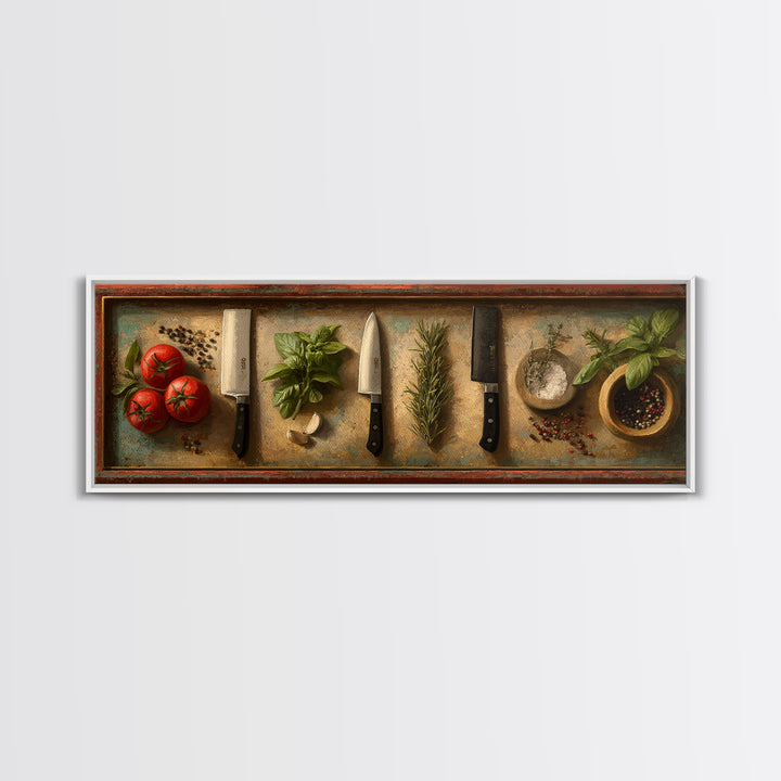 Chef Knives and Herbs Arranged as Graphic Framed Canvas Print, Kitchen Art, Prints, Kitchen Decor, Fine Art, Kitchen, KIT-3x1-2