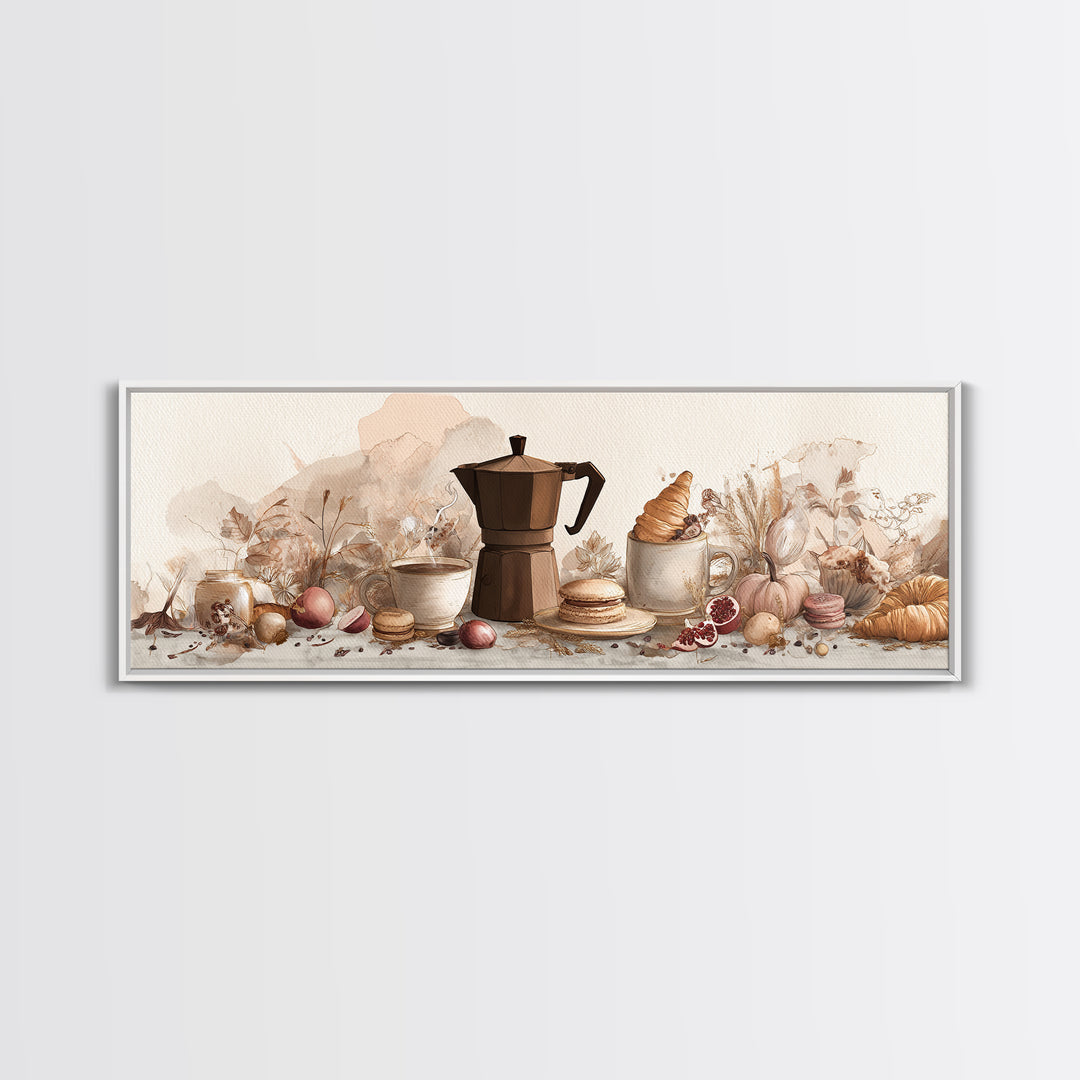 Coffee Pot and Croissant Morning Still Life Framed Canvas Print, Kitchen Art, Boho Decor, Kitchen Decor, Fine Art, Kitchen, KIT-3x1-23