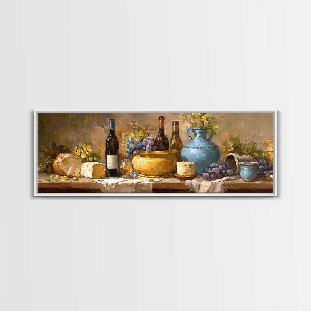 Wine Bottle Grapes and Cheese Still Life Framed Canvas Print, Kitchen Art, Coffee Print, Kitchen Decor, Oil Painting, Kitchen, KIT-3x1-28
