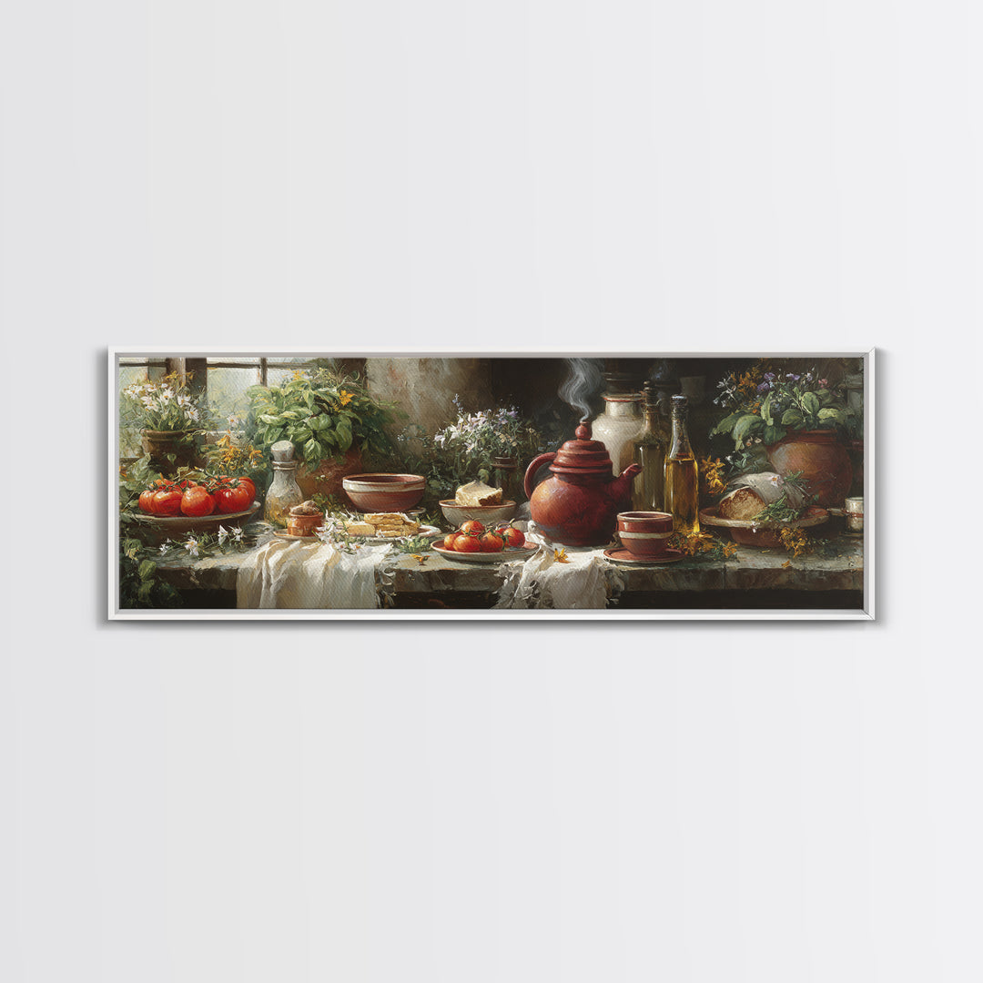 Tea Kettle with Steam and Wildflowers Canvas Print, Kitchen Art, Wall Art, Kitchen Decor, Watercolor Art, Kitchen, KIT-3x1-30
