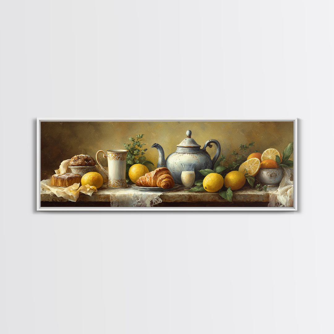 Coffee Pot and Croissant Morning Still Life Framed Canvas Print, Kitchen Art, Kitchen, Kitchen Decor, Oil Painting, Kitchen, KIT-3x1-47
